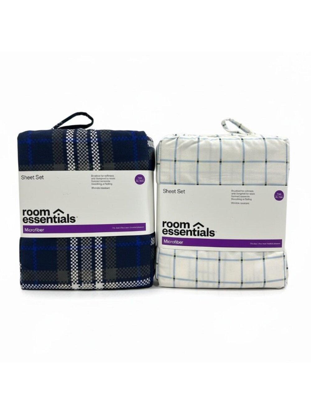Room Essentials Twin XL Microfiber Sheet 2- Set Blue Plaid & White Grid Wrinkle